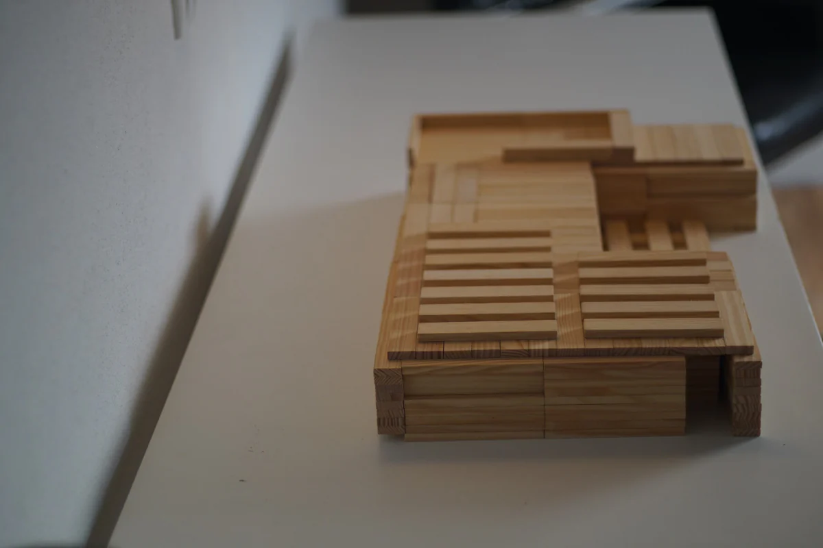 Timber stick model of Sound Traces, whole building