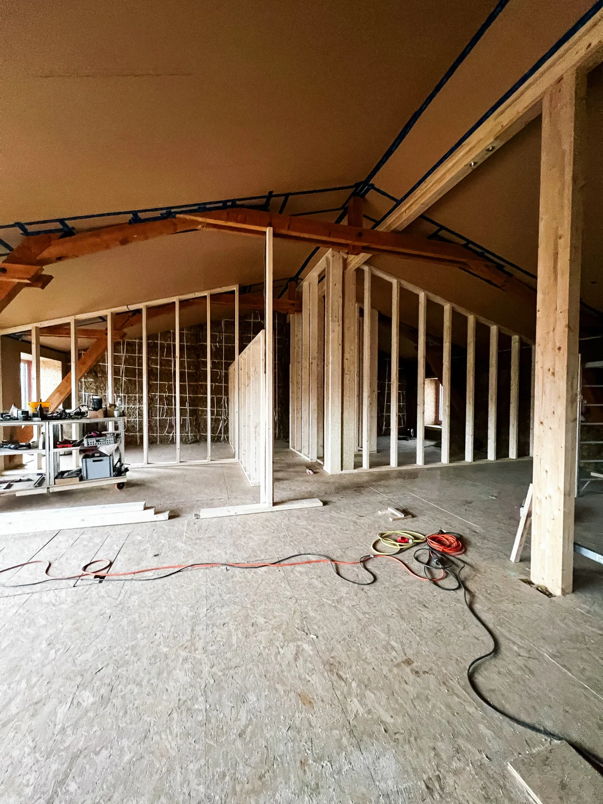 Timber beam frame under construction